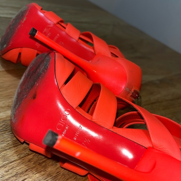 Jimmy Choo Dame Caged Sandals Leather Neon Orange High Heel Stilletos - Picture 9 of 10